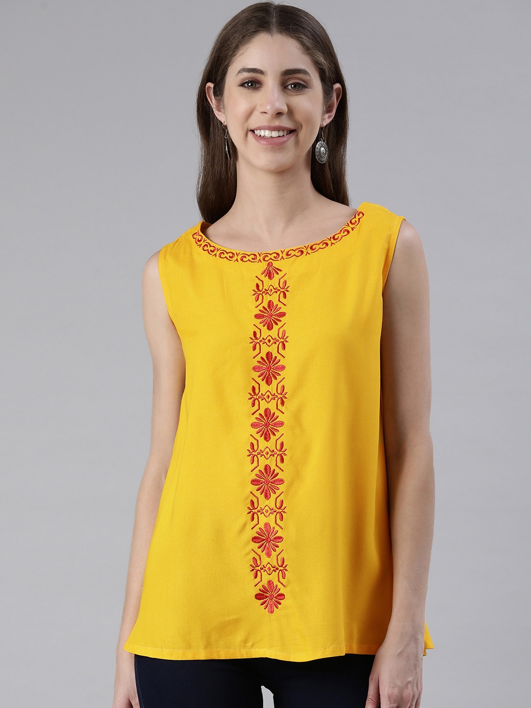 

MALHAAR Ethnic Motifs Embroidered Boat Neck Thread Work Kurti, Yellow