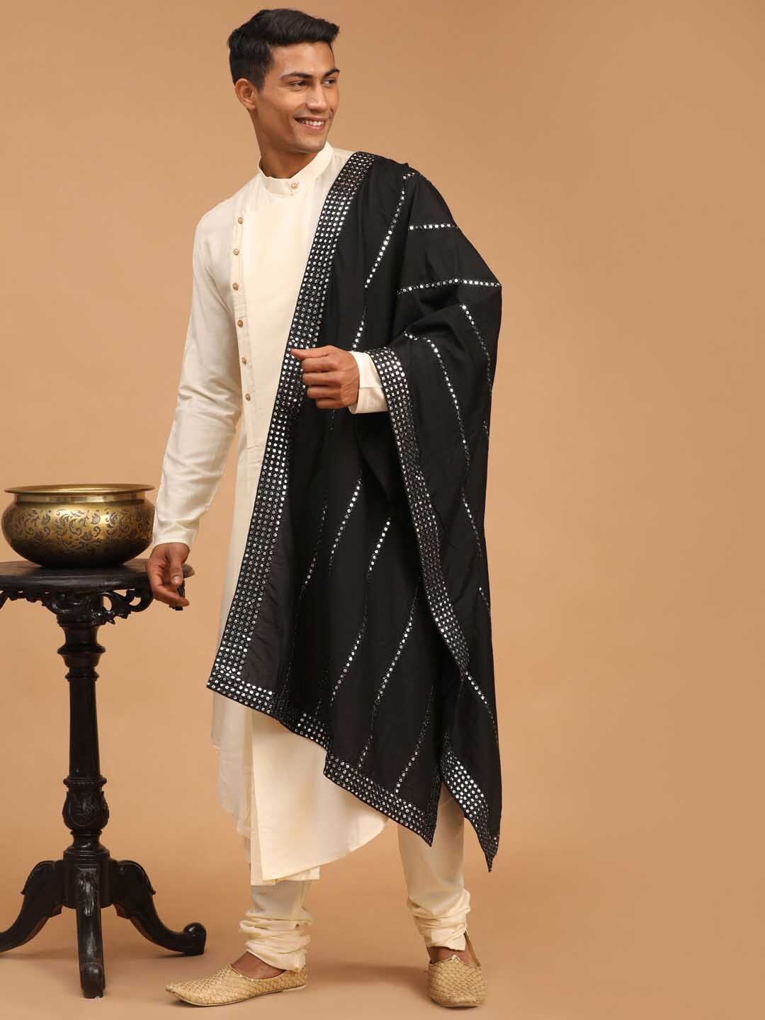 

VASTRAMAY Men Ethnic Motifs Embroidered Dupatta with Mirror Work, Black