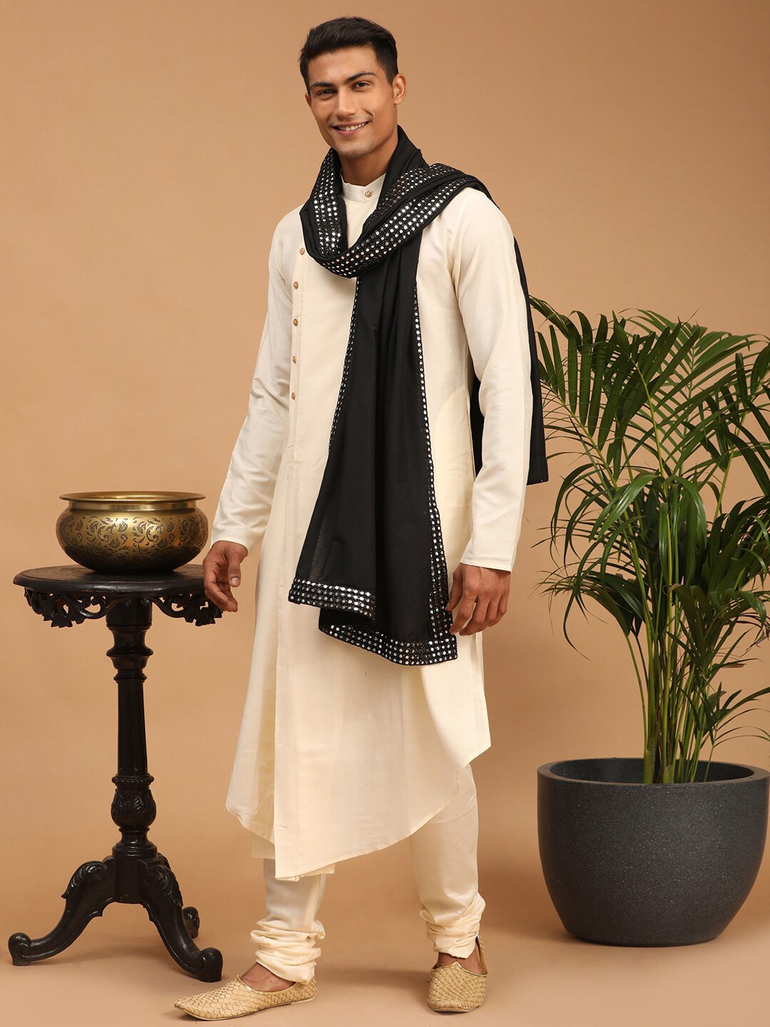 

VASTRAMAY Men Viscose Rayon Dupatta with Mirror Work, Black