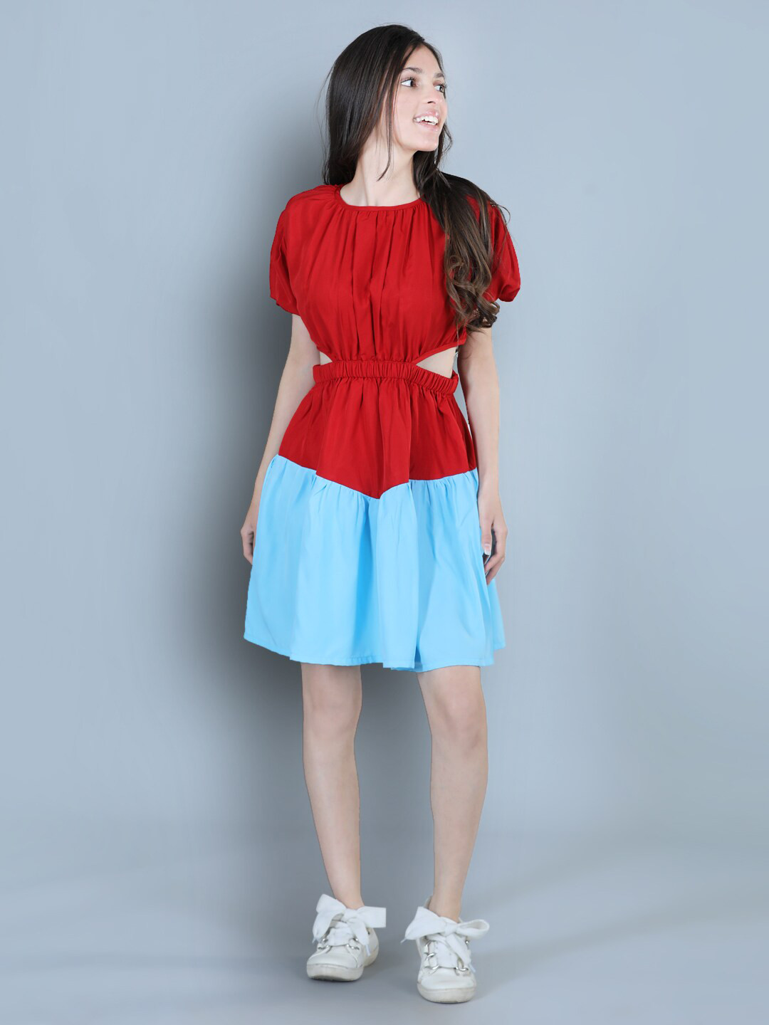 

Cutiekins Girls Round Neck Short Sleeves Colourblocked Crepe Dress, Red