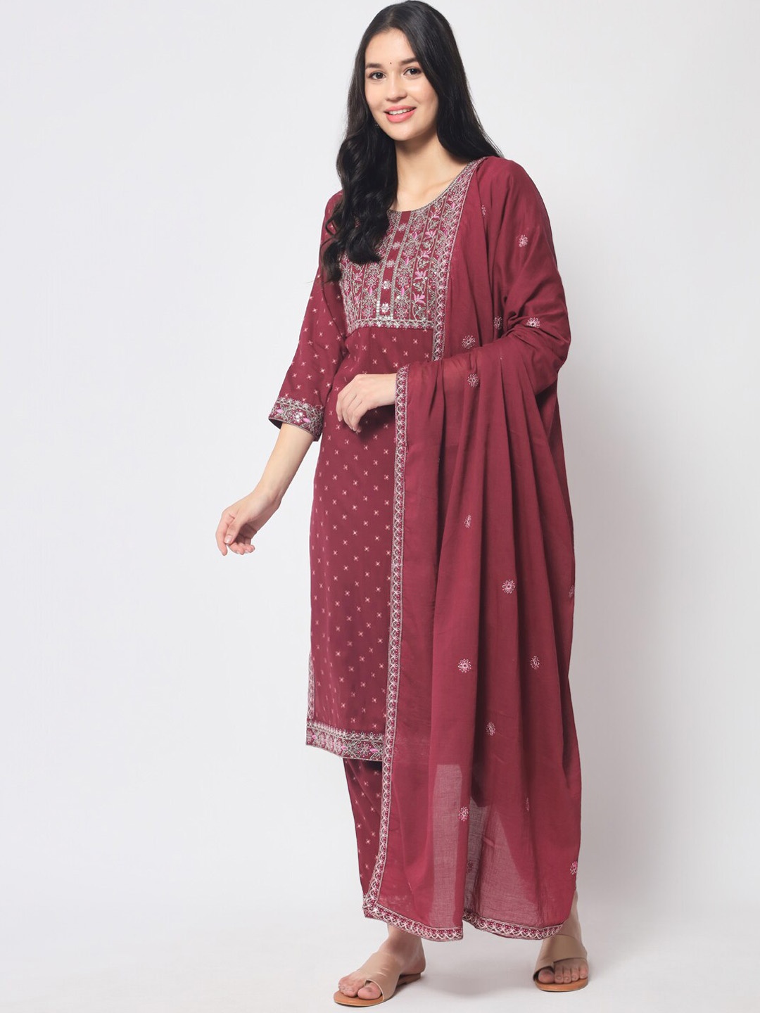 

IkDaiya Women Embroidered Thread Work Kurta with Trousers & Dupatta, Magenta