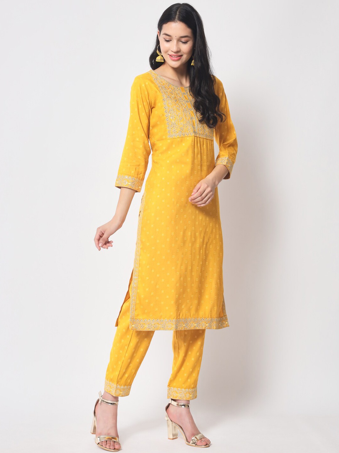 

IkDaiya Women Embroidered Thread Work Kurta with Trousers & Dupatta, Yellow