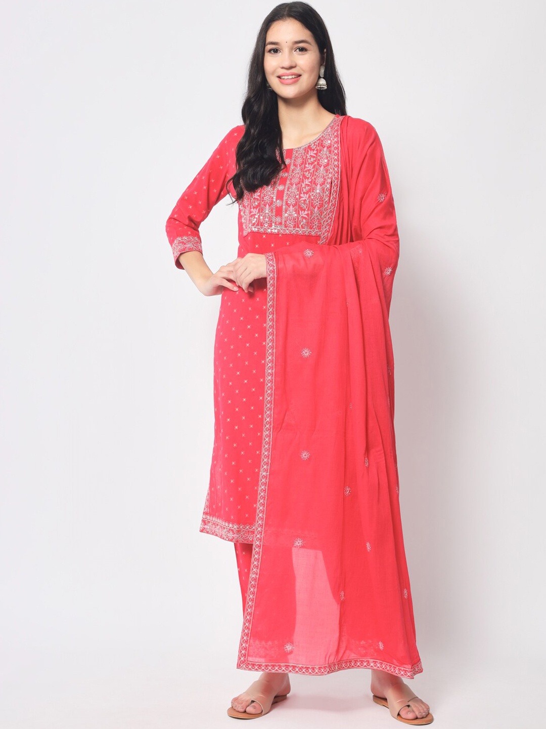 

IkDaiya Women Embroidered Thread Work Kurta with Trousers & Dupatta, Pink