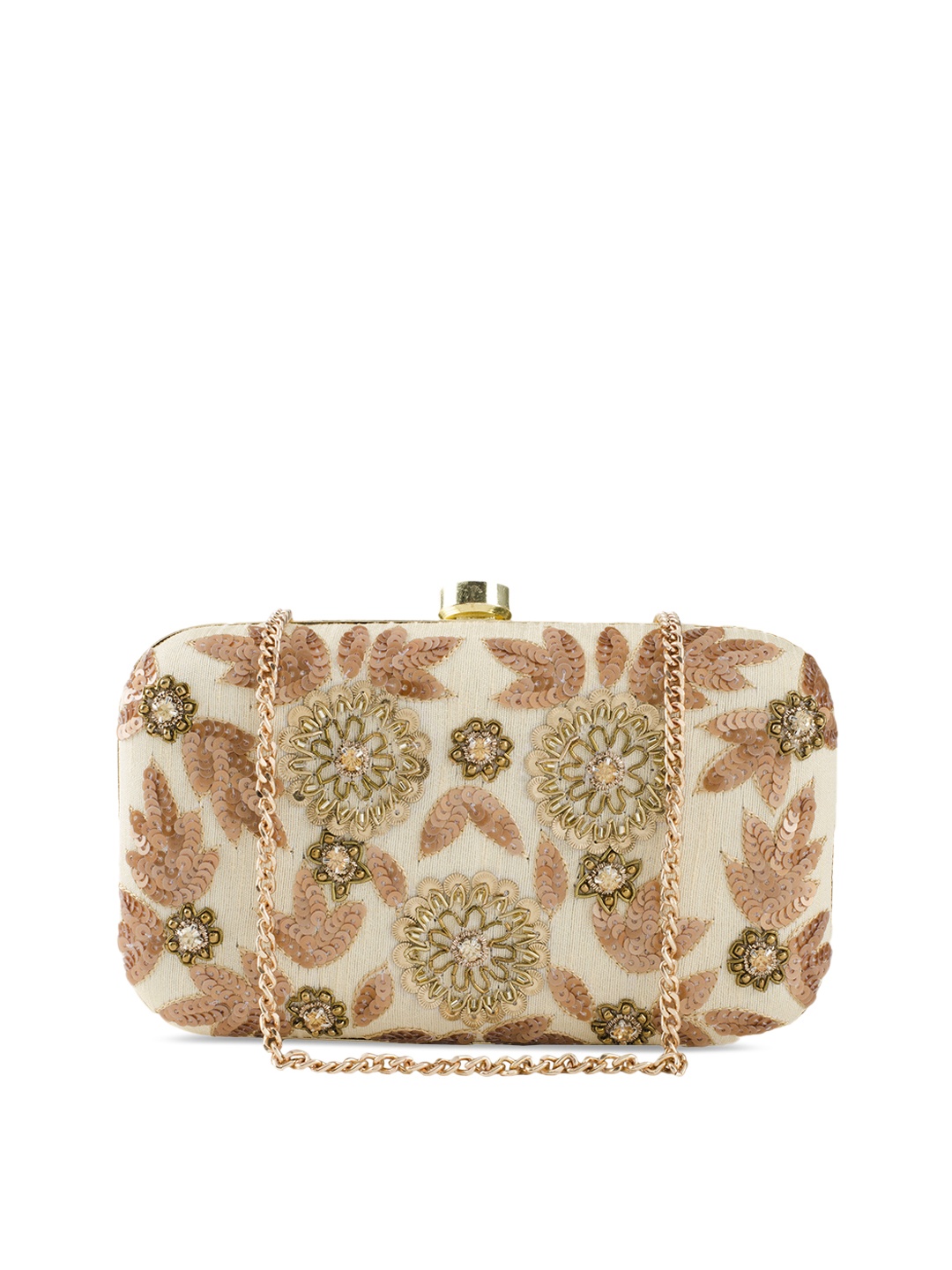 

Tarini Nirula Beige Embellished Handcrafted Box Clutch with Chain Strap