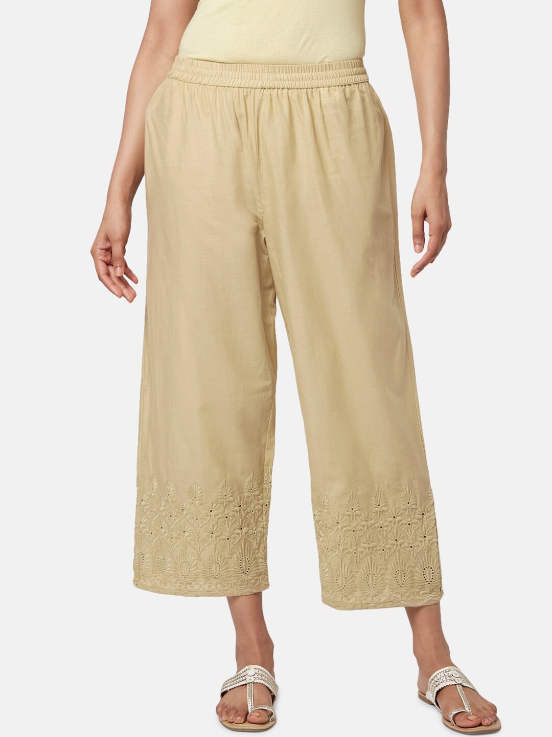 

RANGMANCH BY PANTALOONS Women Floral Cotton Trousers, Beige