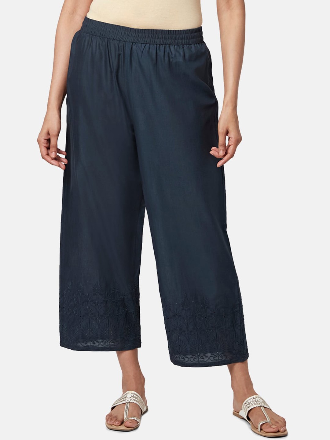 

RANGMANCH BY PANTALOONS Women Floral Cotton Trousers, Navy blue