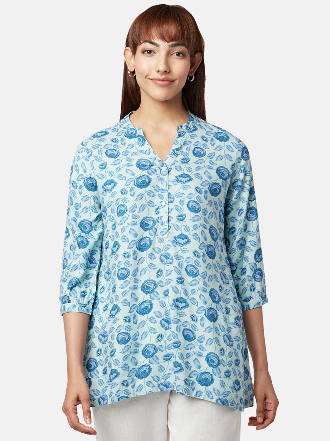 

AKKRITI BY PANTALOONS Viscose Rayon Mandarin Collar Printed Tunic, Blue