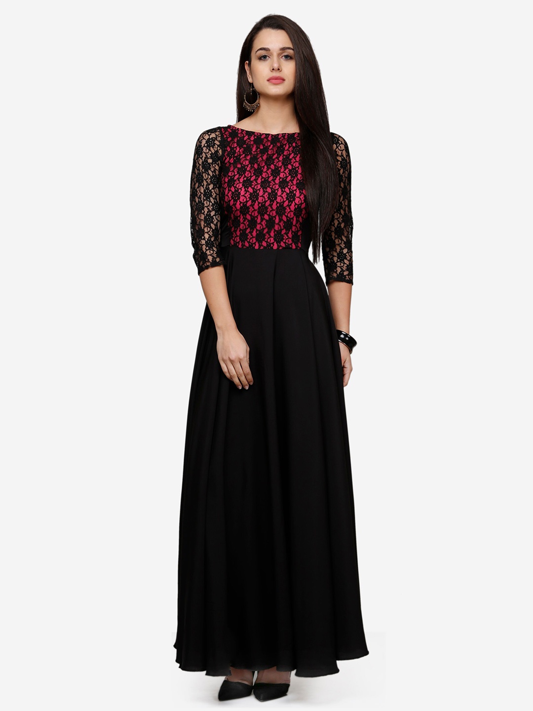 

V&M Black & Pink Floral Printed Lace Crepe Maxi Dress