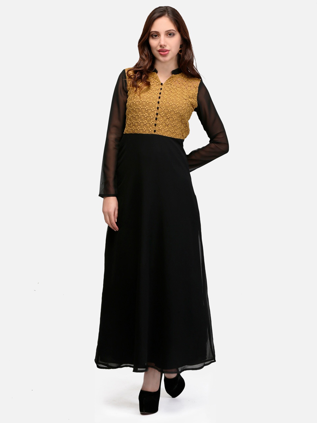 

V&M Floral Printed Georgette Maxi Dress, Black
