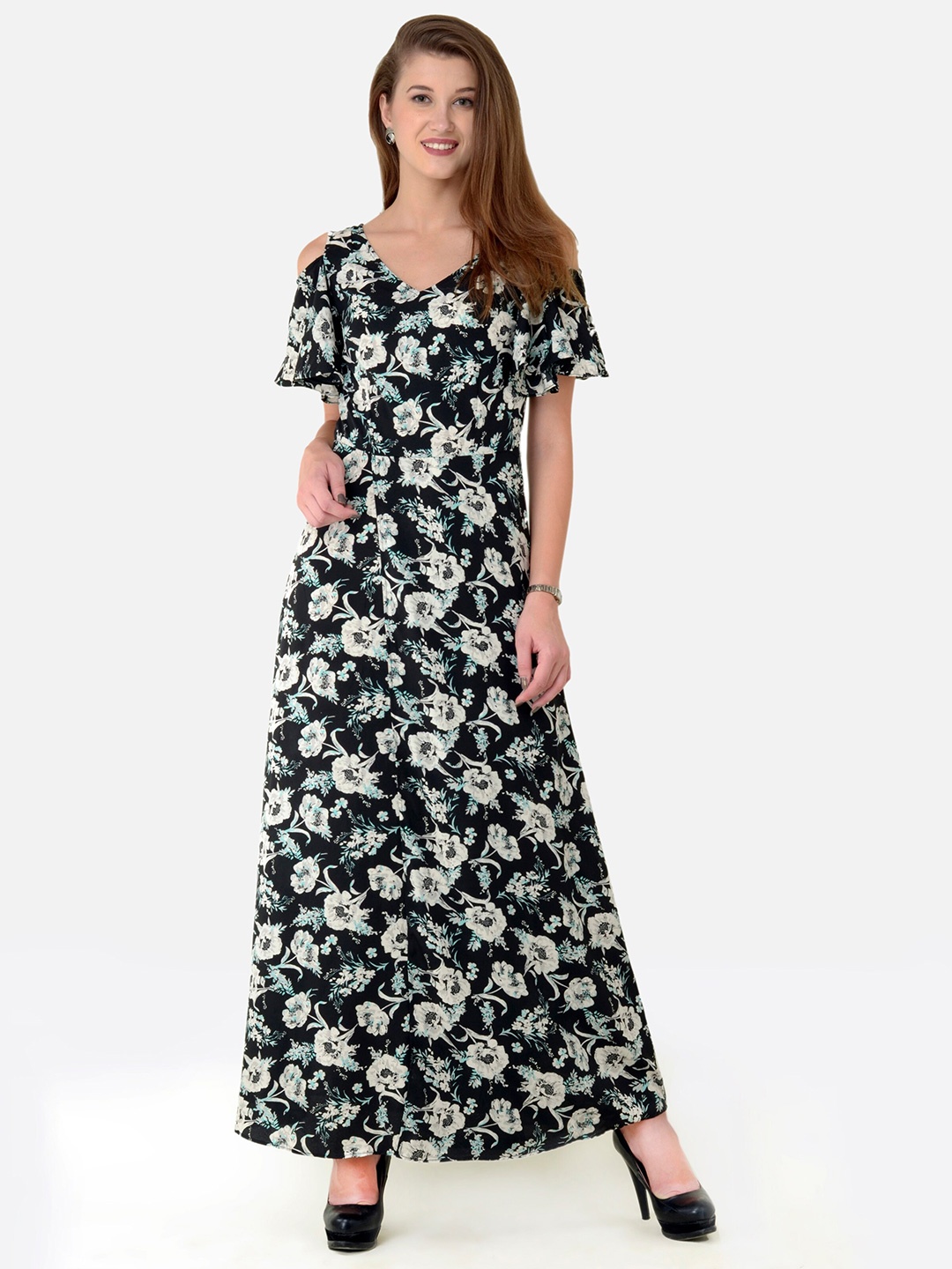 

V&M Floral Printed Cold Shoulder Sleeves Crepe Maxi Dress, Black