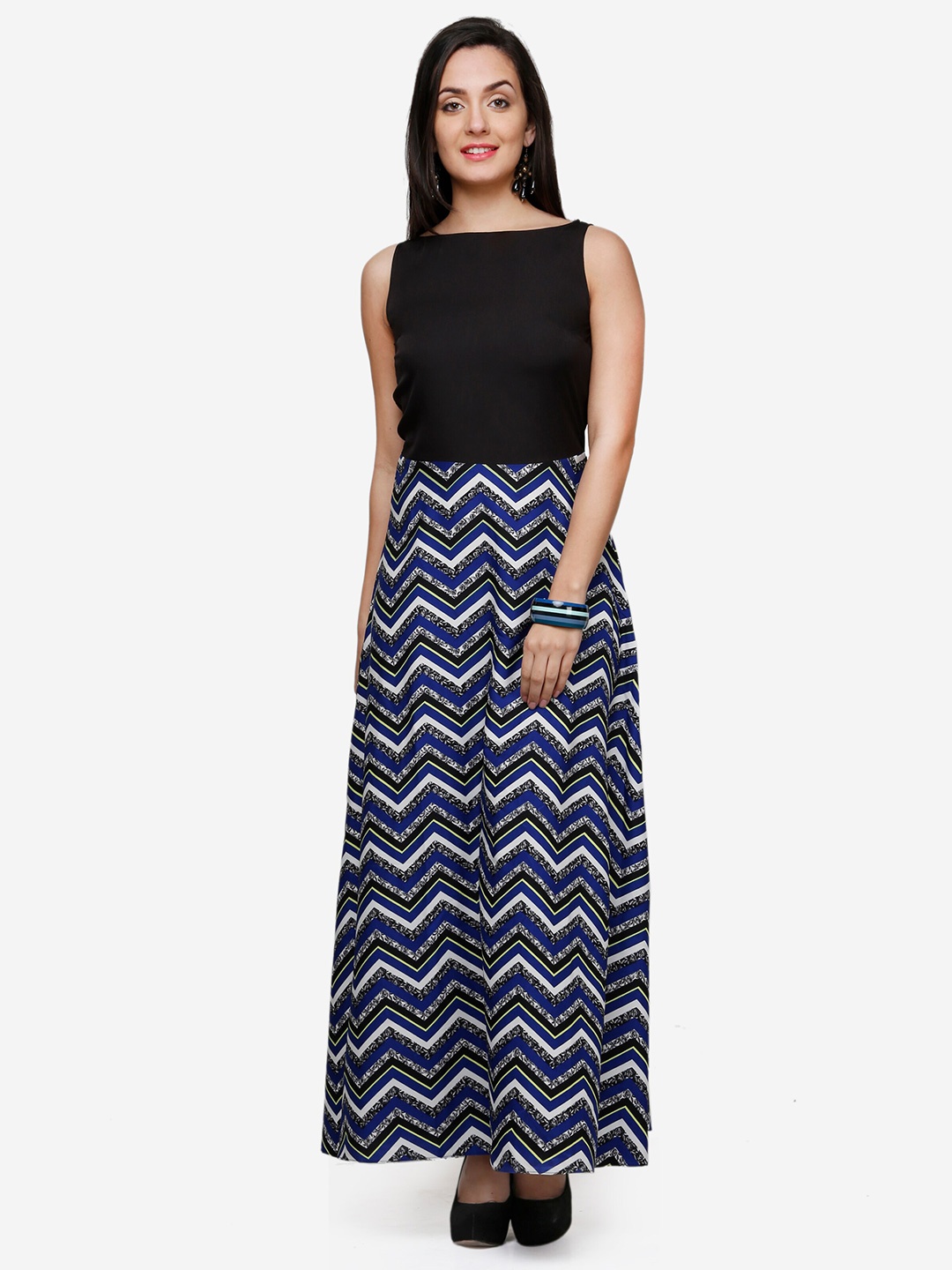 

V&M Printed Boat Neck Crepe Maxi Dress, Black