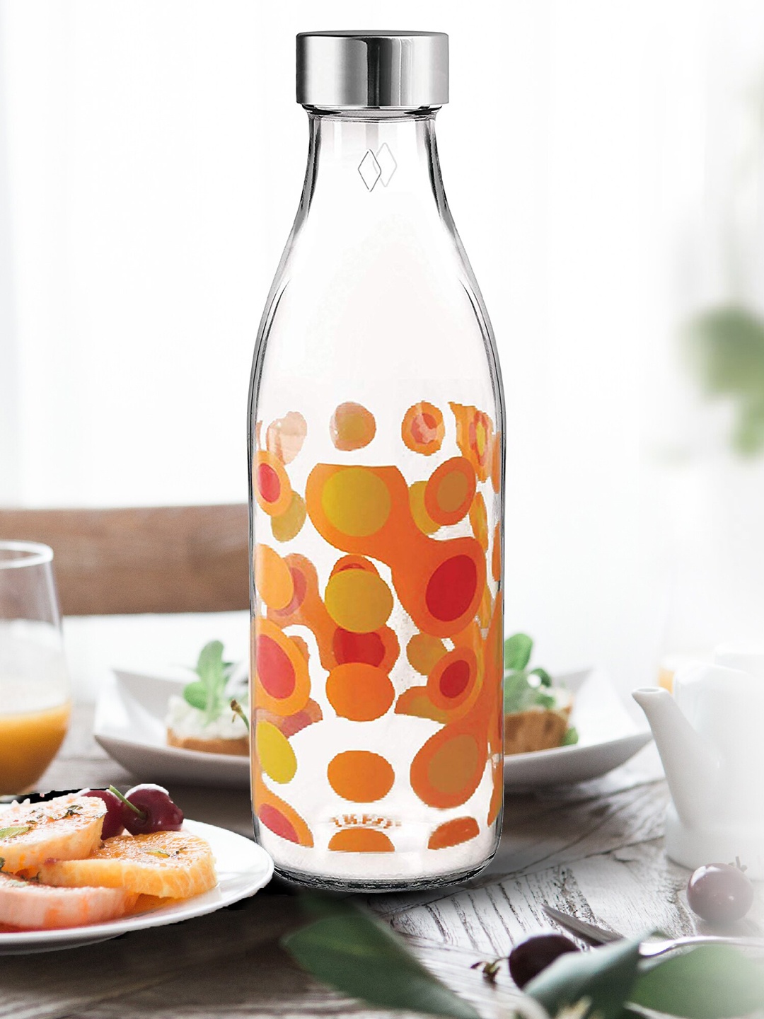 

Treo Ivory Premium Glass Set Of 3 Orange Circles Printed Water Bottles 1 L