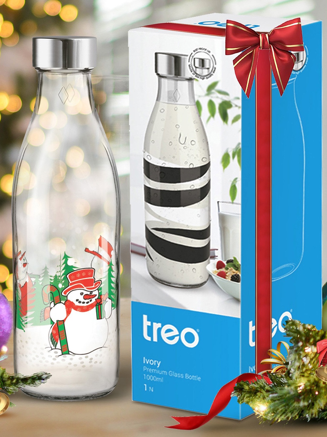 

Treo Ivory Premium Glass Transparent Snowman Glass Bottle 1 L