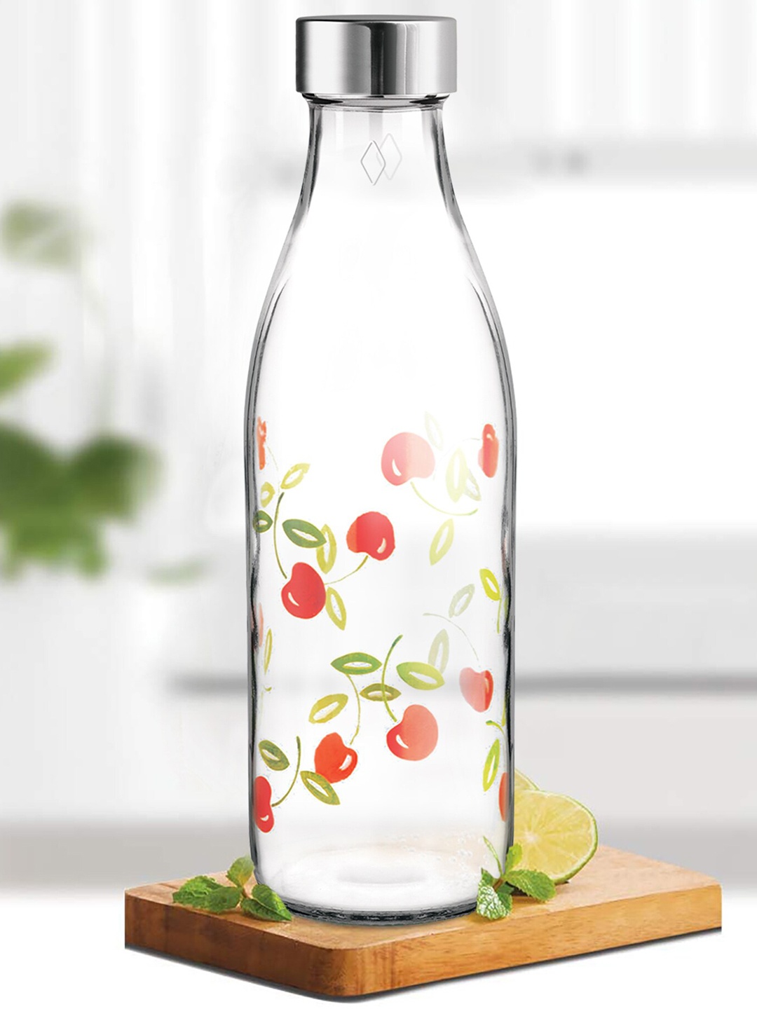 

Treo Ivory Premium Glass Set Of 2 Red Cherries Printed Bottles 1 L Each, Transparent