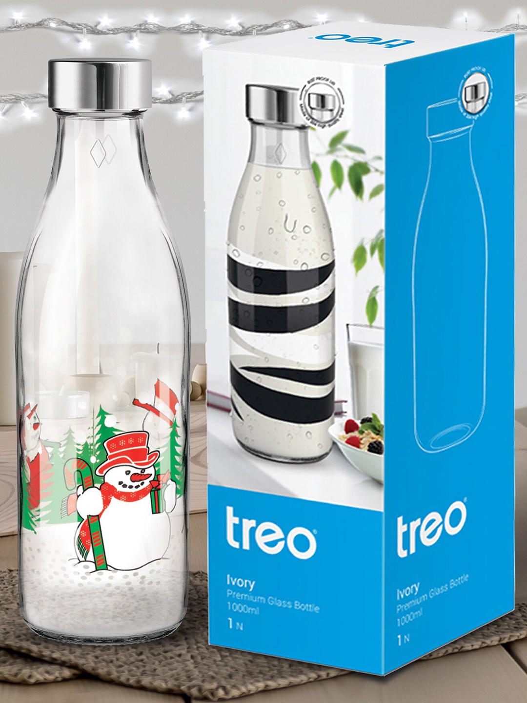 

Treo Ivory Premium Glass Set Of 2 Transparent Snowman Printed Bottles 1L Each