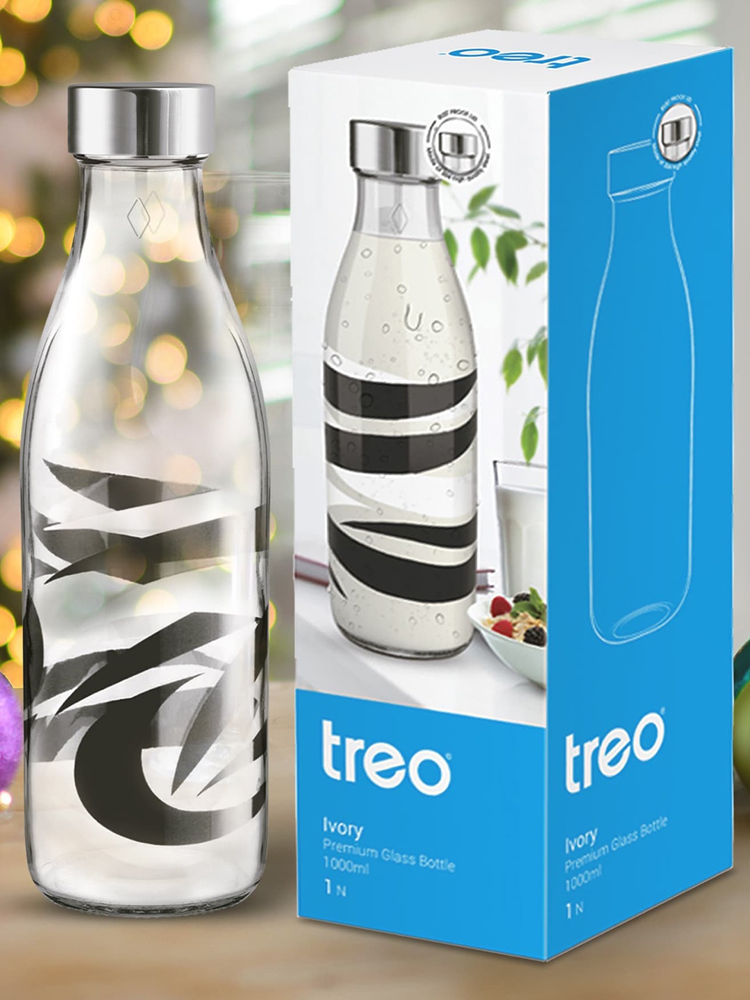 

Treo Ivory Premium Glass Set Of 3 Black Abstract Printed Bottles 1 L Each