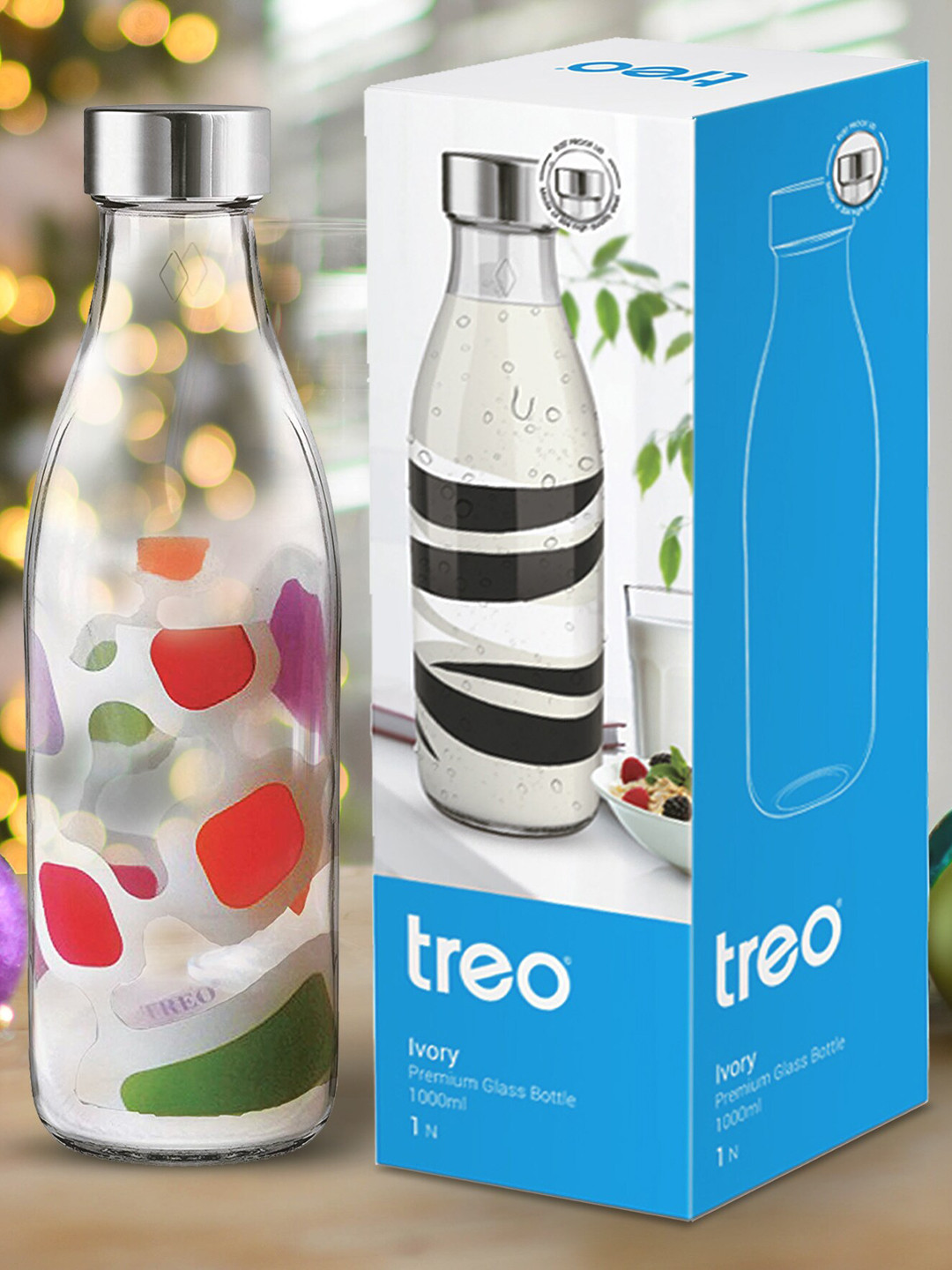 

Treo Ivory Premium Glass Set Of 2 Multicolour Cubes Printed Bottles 1 L Each, Multi