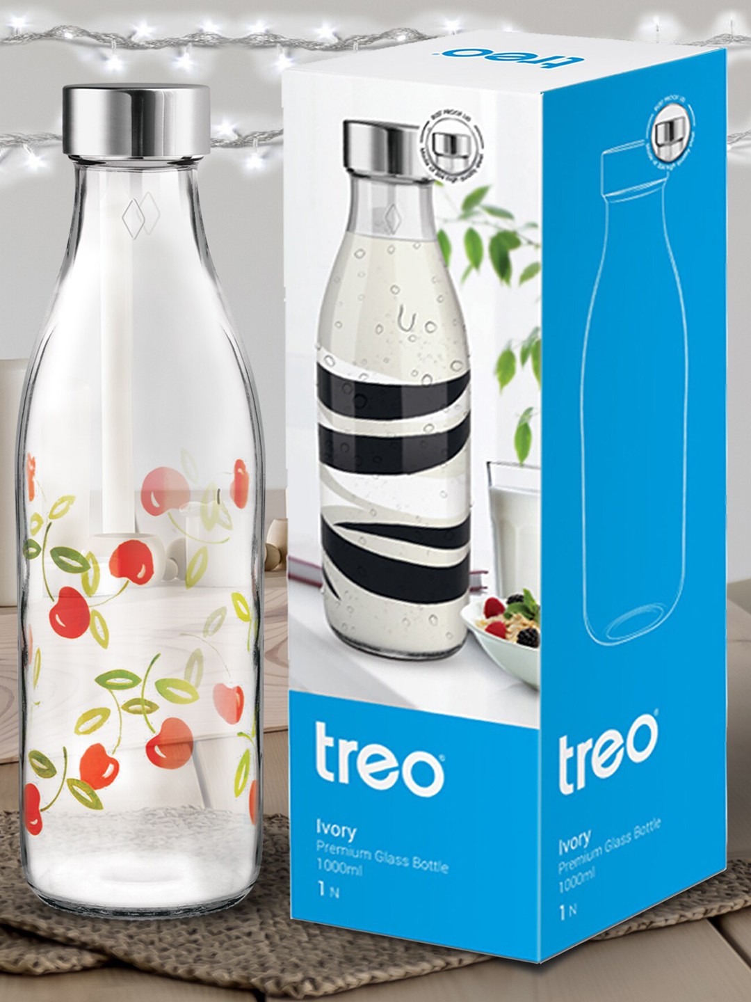

Treo Ivory Premium Glass Set Of 4 Red Cherries Printed Bottles 1 L Each