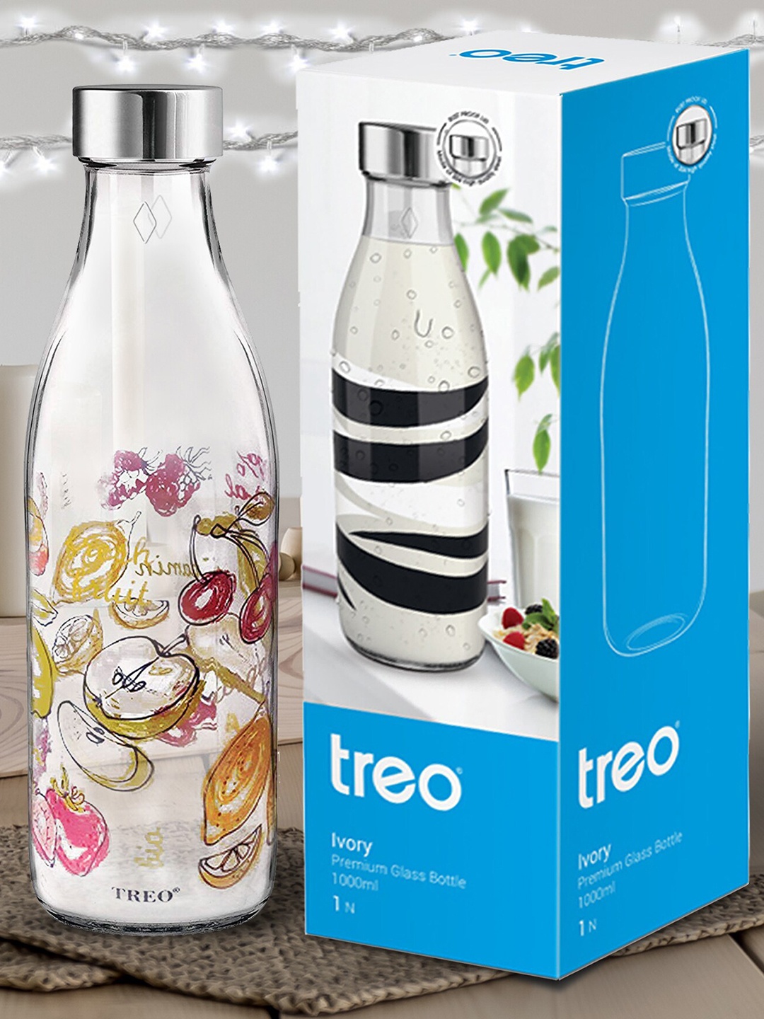 

Treo Ivory Premium Glass Set Of 2 Transparent Fruits Printed Bottles 1L Each