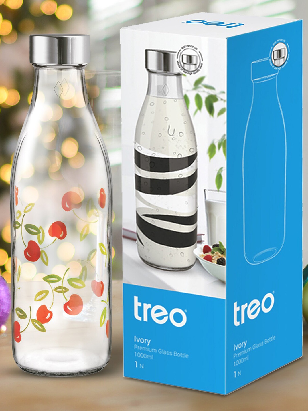 

Treo Ivory Premium Glass 3 Pieces Red Cherries Printed Glass Bottle 1 L Each