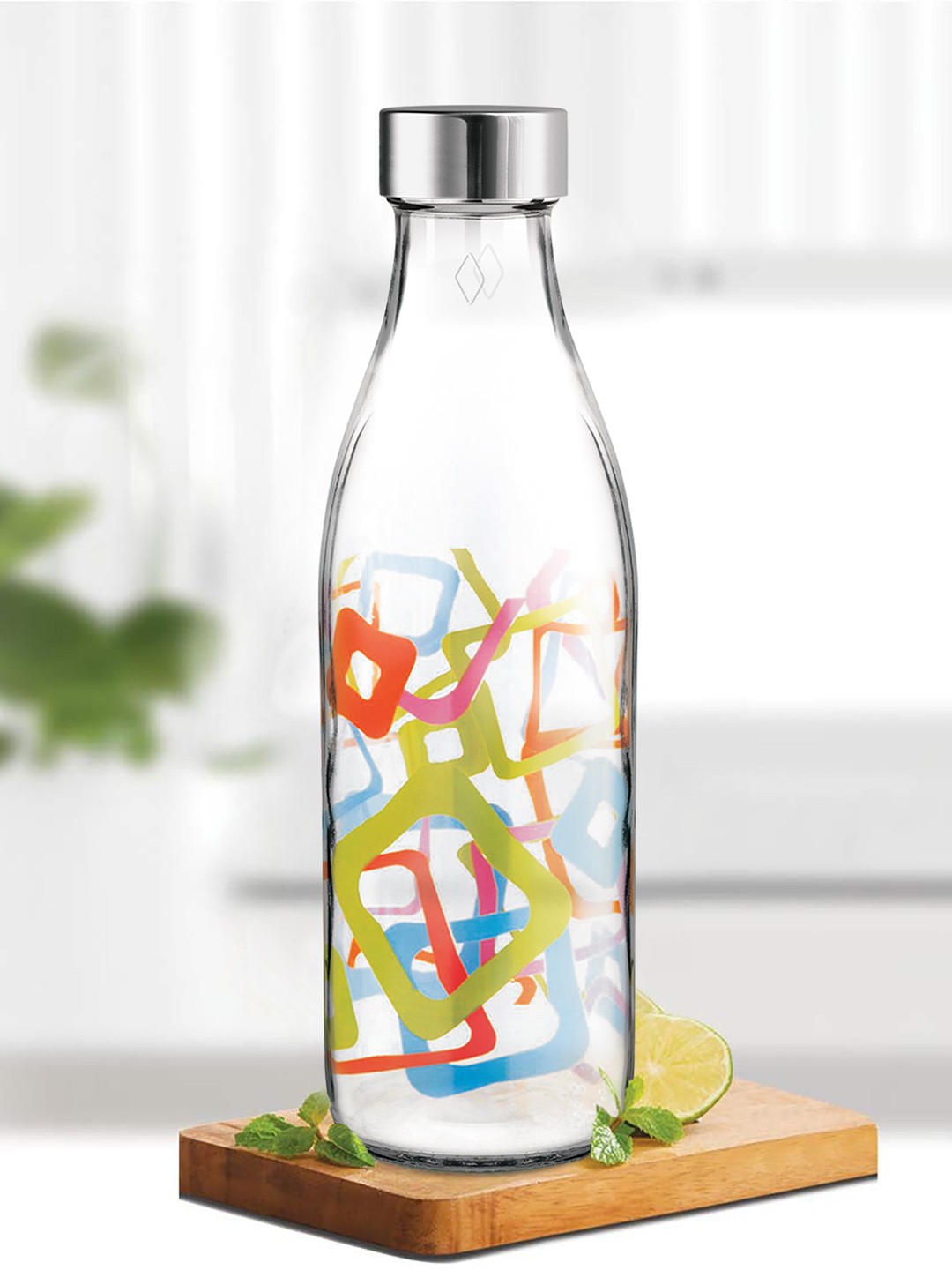 

Treo Ivory Premium Glass Multicolour Squares Printed Bottle 1 L, Multi