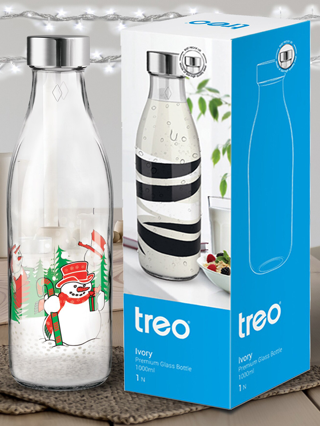

Treo Ivory Premium Glass 3 Pieces Transparent Snowman Printed Glass Water Bottle 1 L Each