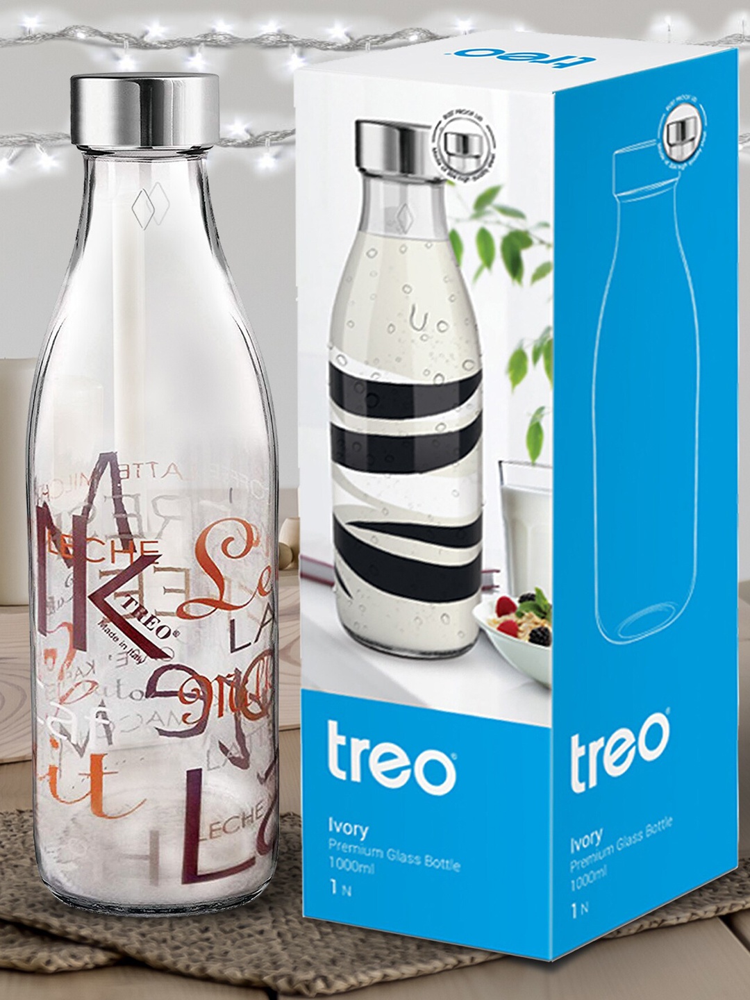 

Treo Ivory Premium Glass 3 Pieces Transparent Words Printed Glass Water Bottle 1 L Each