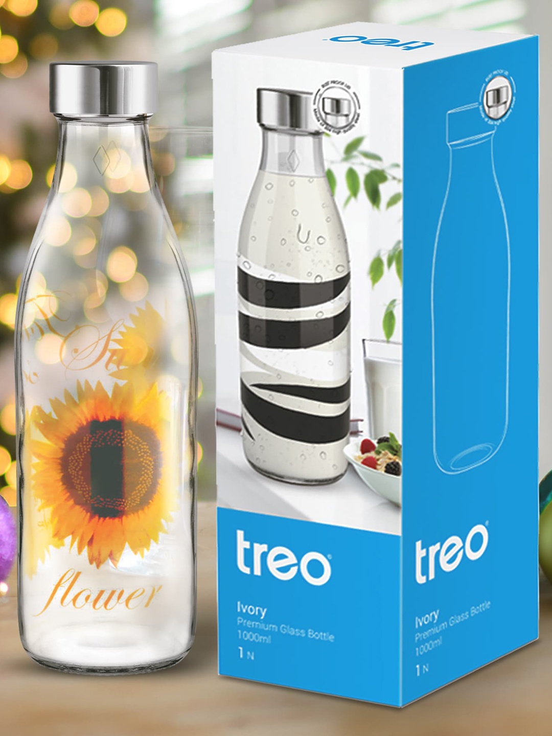 

Treo Ivory Premium Glass 3 Pieces Yellow Floral Print Bottles 1 L Each