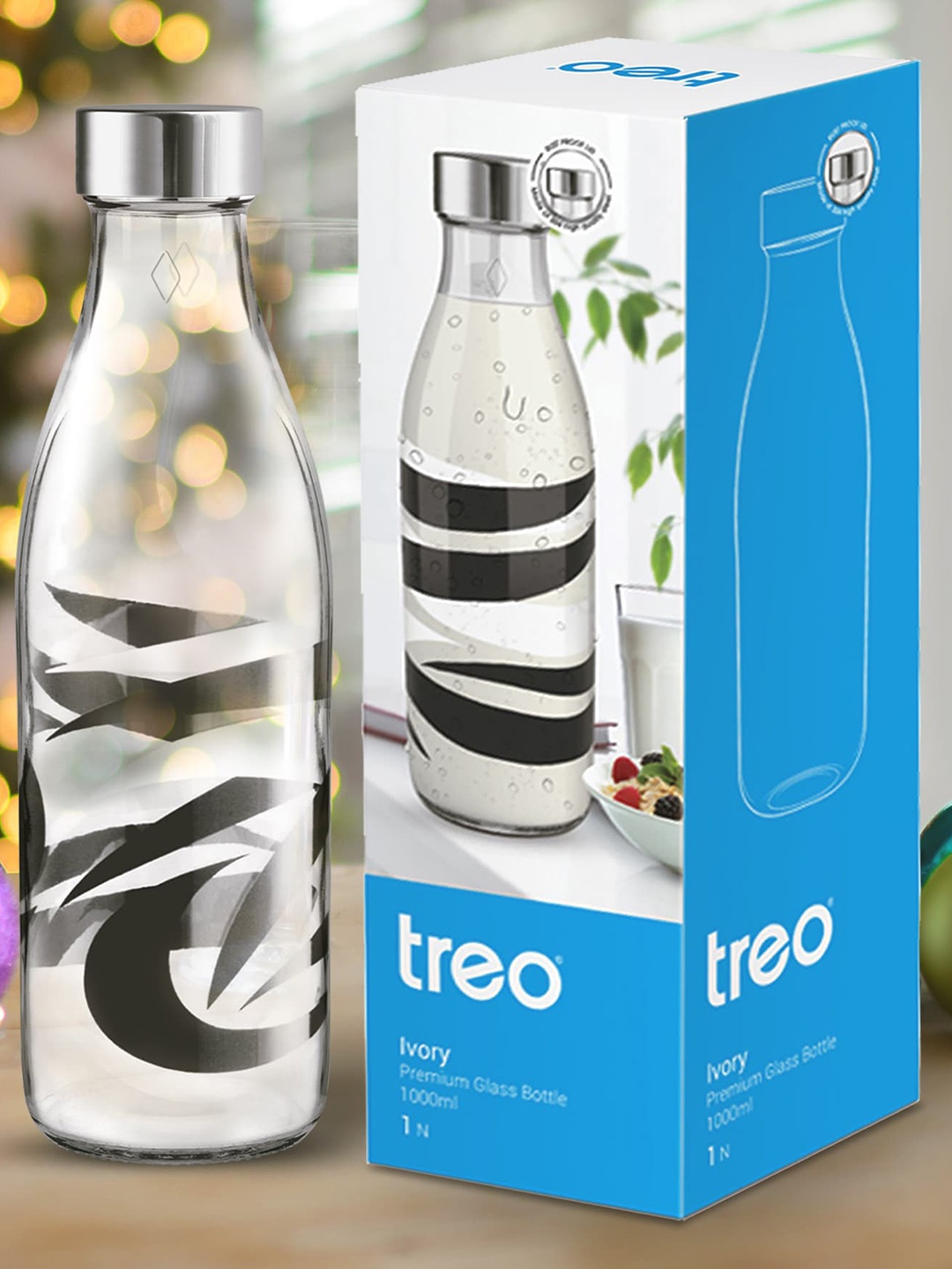 

Treo Ivory Premium Glass 4 Pieces Abstract Black Printed Bottle 1 L Each