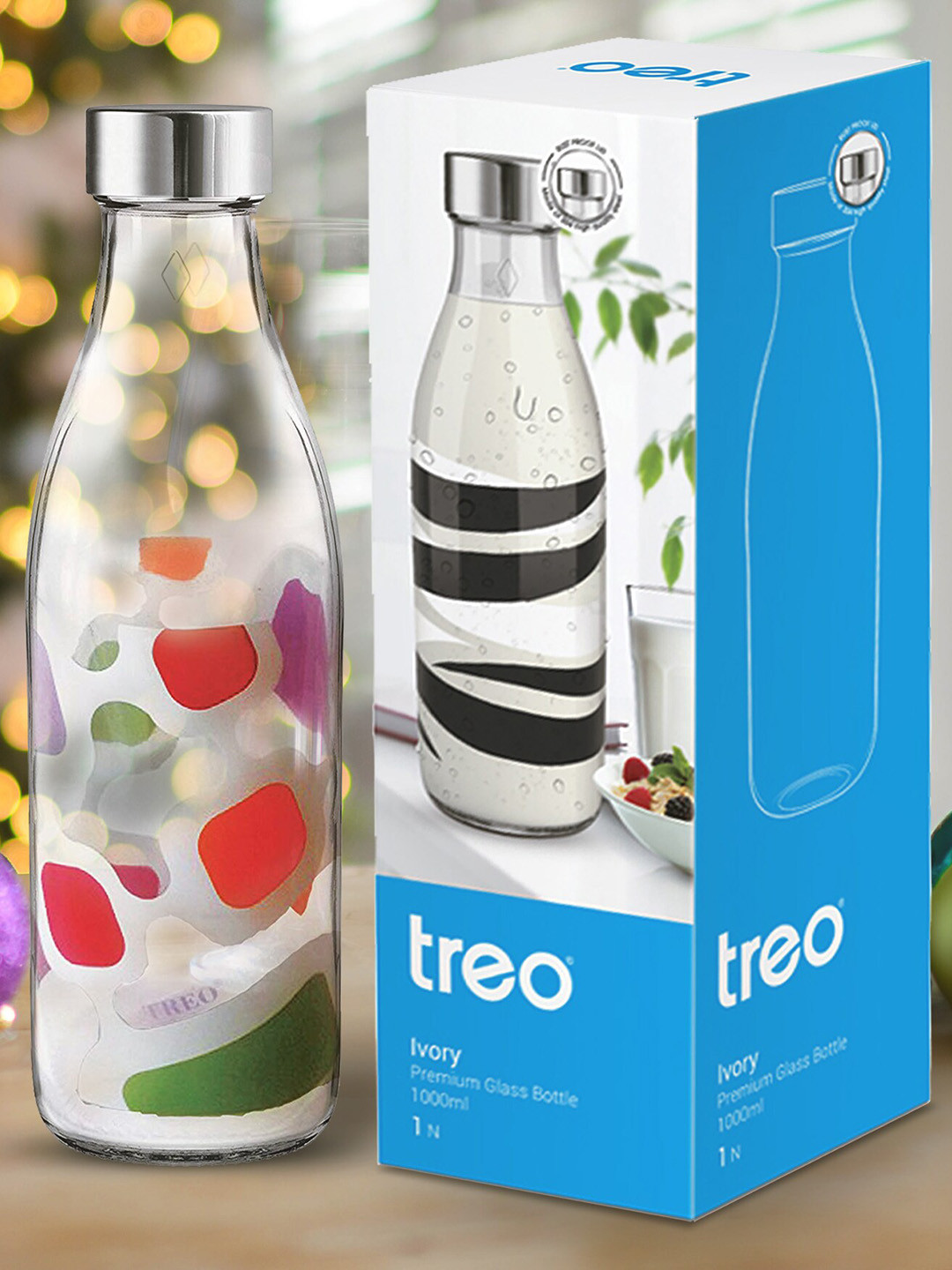 

Treo Ivory Premium Glass 3 Pieces Multicolour Cubes Printed Bottles 1 L Each, Multi