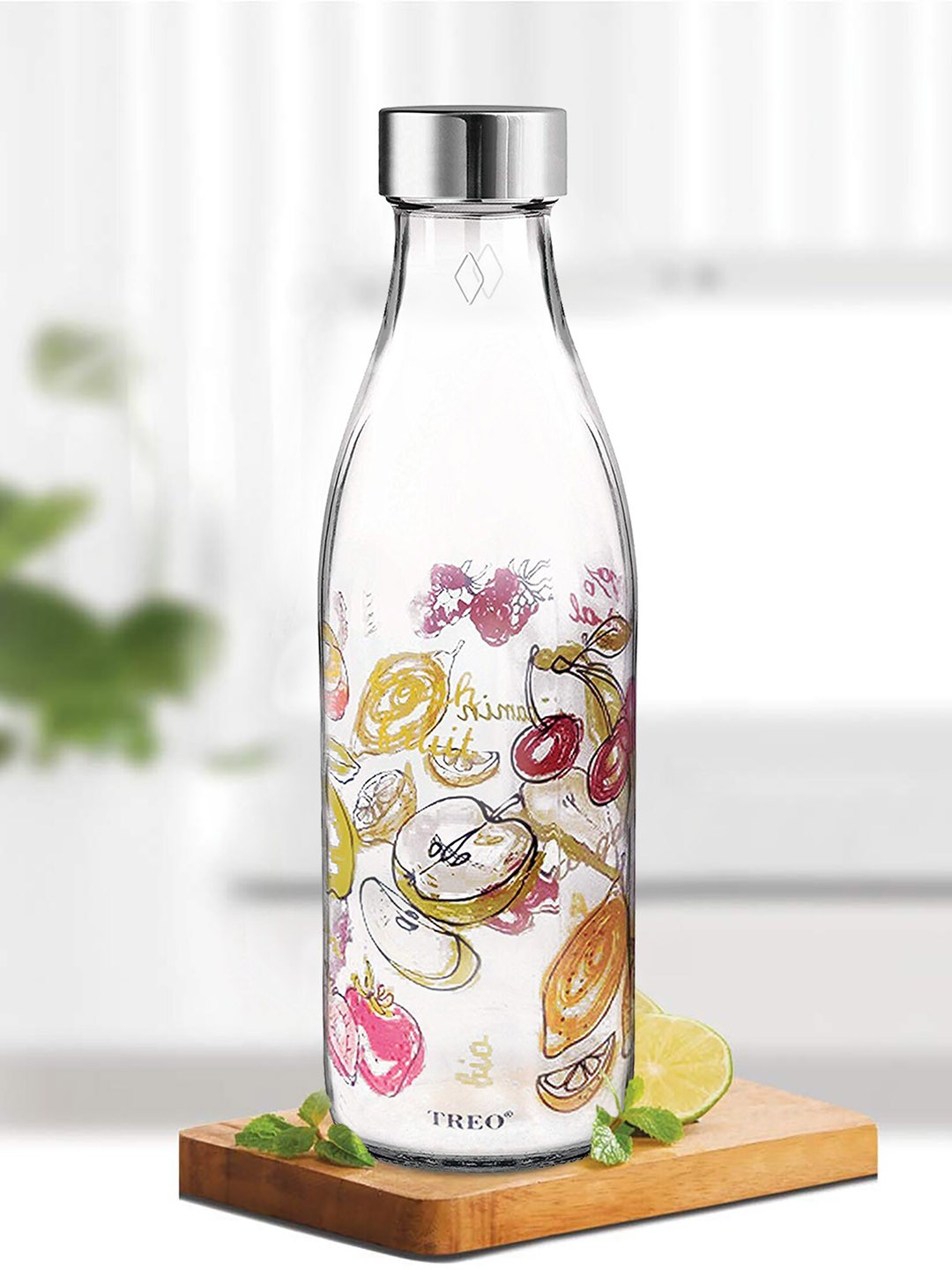 

Treo Ivory Premium Glass 4 Pieces Transparent Fruits Printed Bottles 1 L Each