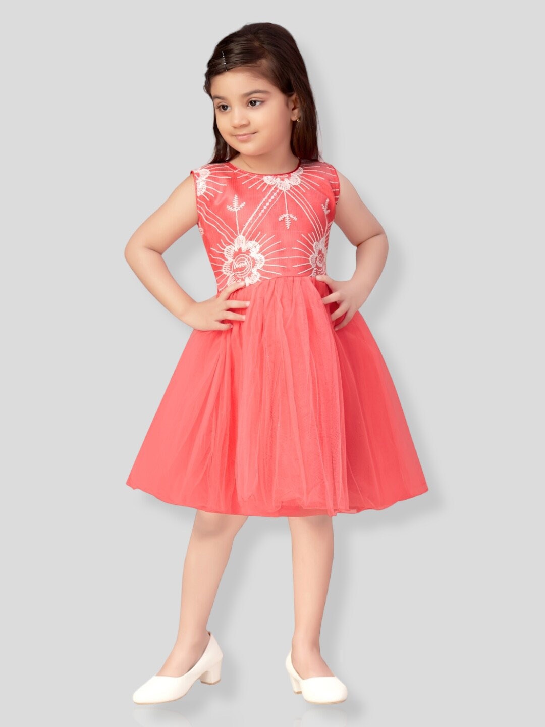 

Aarika Girls Embellished Fit and Flare Party Net Dress, Red