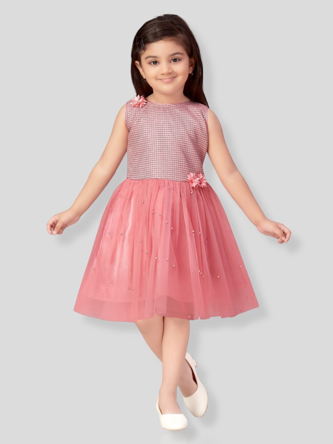 

Aarika Girls Embellished Fit and Flare Party Net Dress, Pink