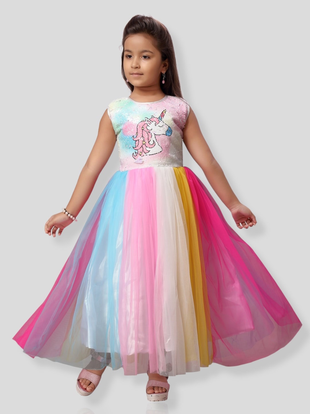 

Aarika Girls Colourblocked Self Design Party Net Gown, Pink