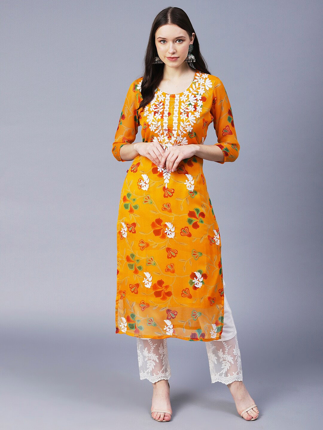 

KALINI Women Floral Printed Georgette Chikankari Embroidery Kurta, Yellow