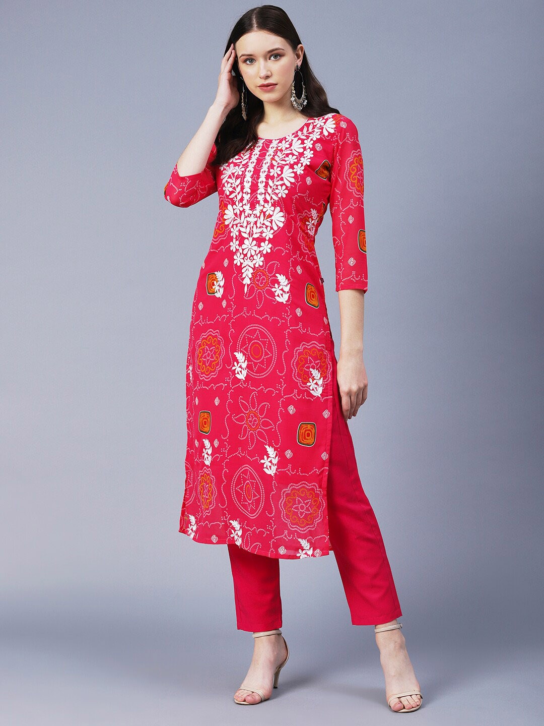 

KALINI Women Floral Printed Thread Work Georgette Kurta, Pink