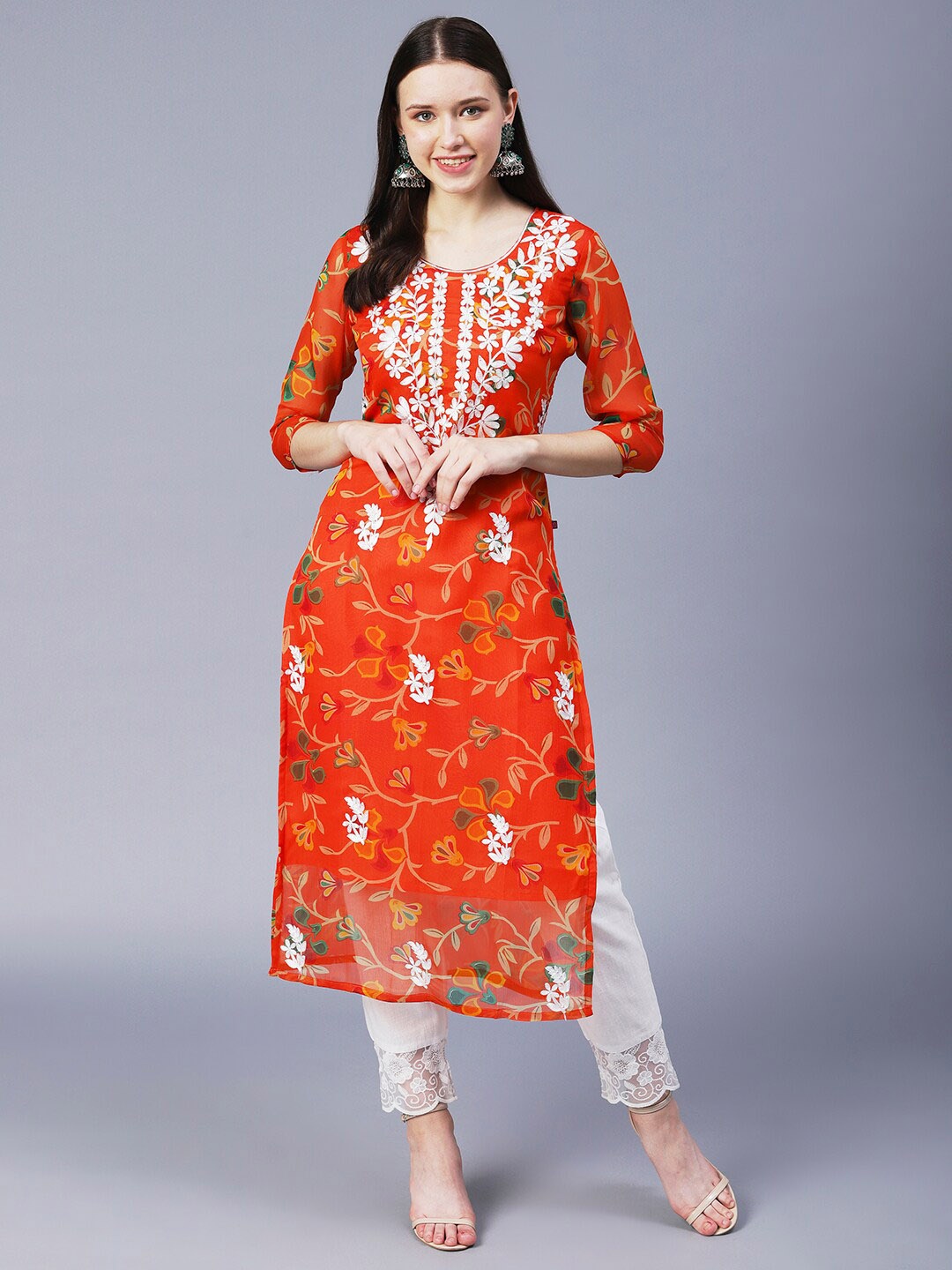 

KALINI Women Floral Printed Georgette Chikankari Embroidery Kurti, Orange