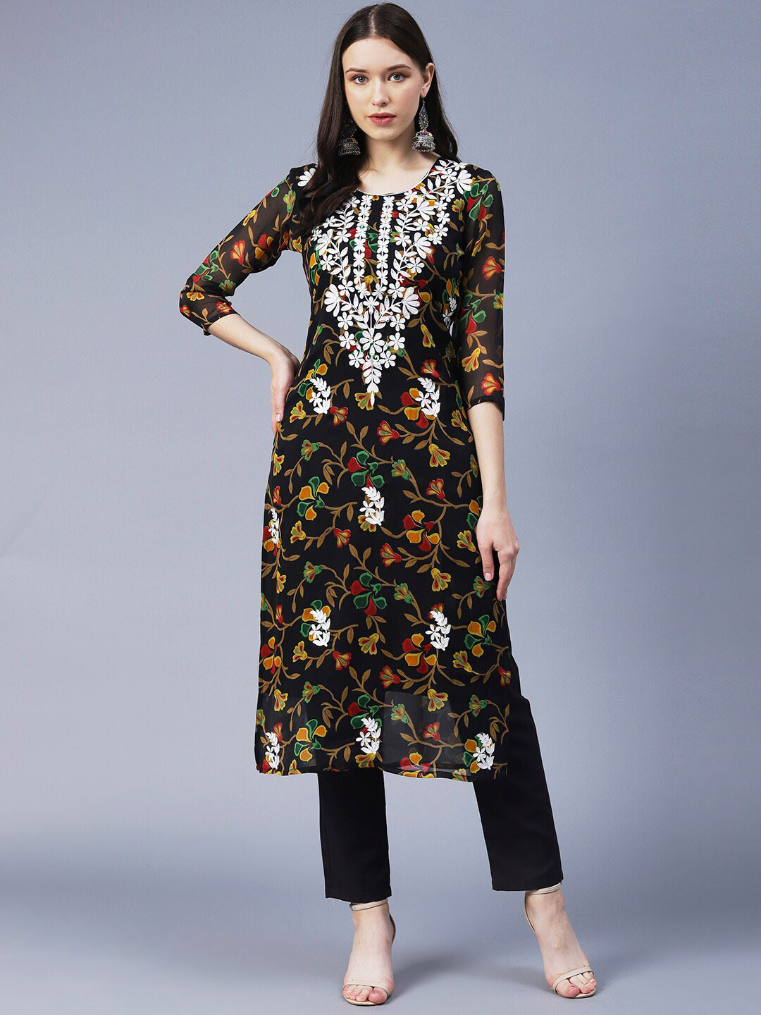 

KALINI Women Floral Printed Georgette Chikankari Embroidery Kurti, Black