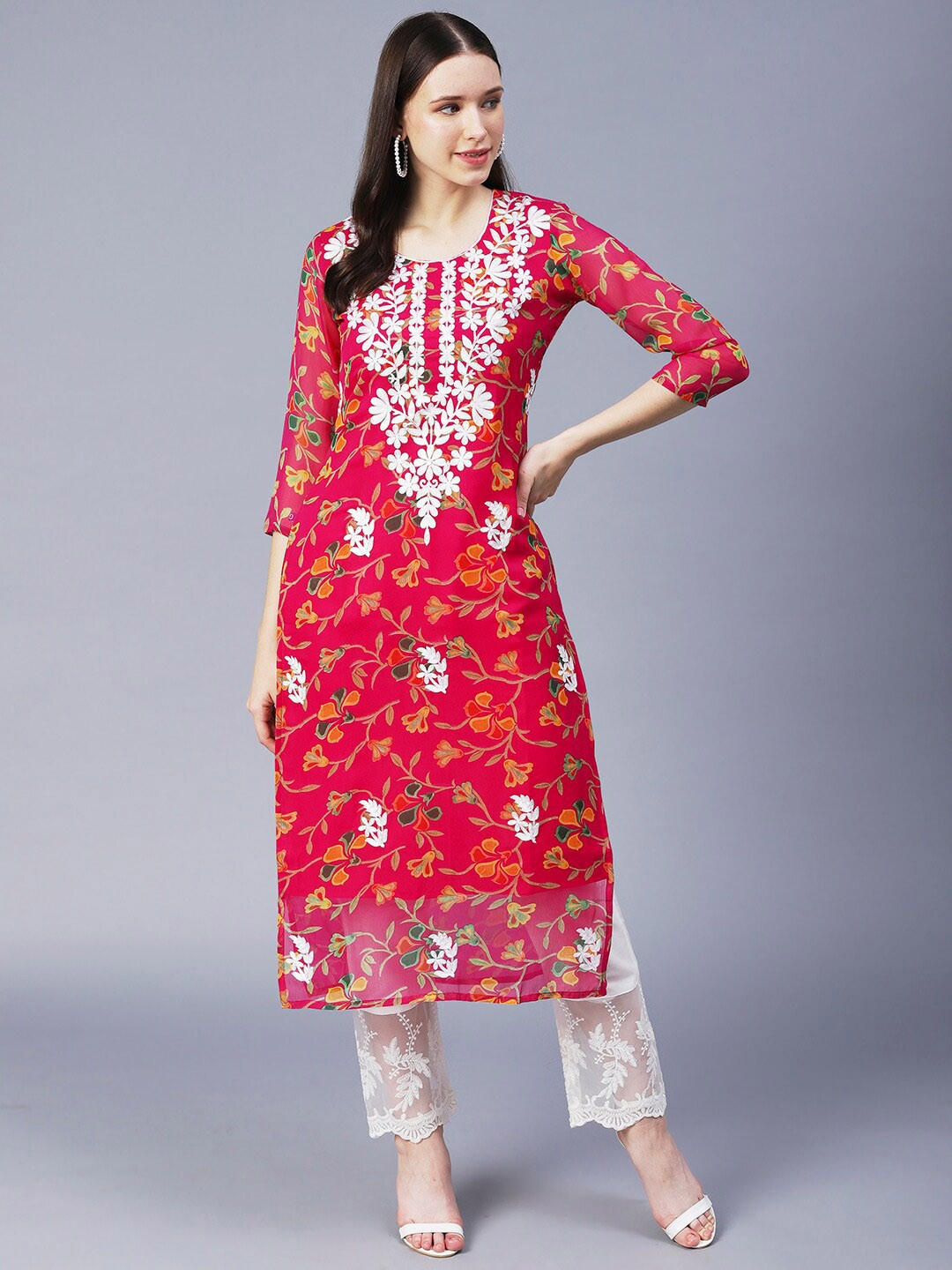 

KALINI Women Ethnic Motifs Printed Thread Work Georgette Kurta, Pink