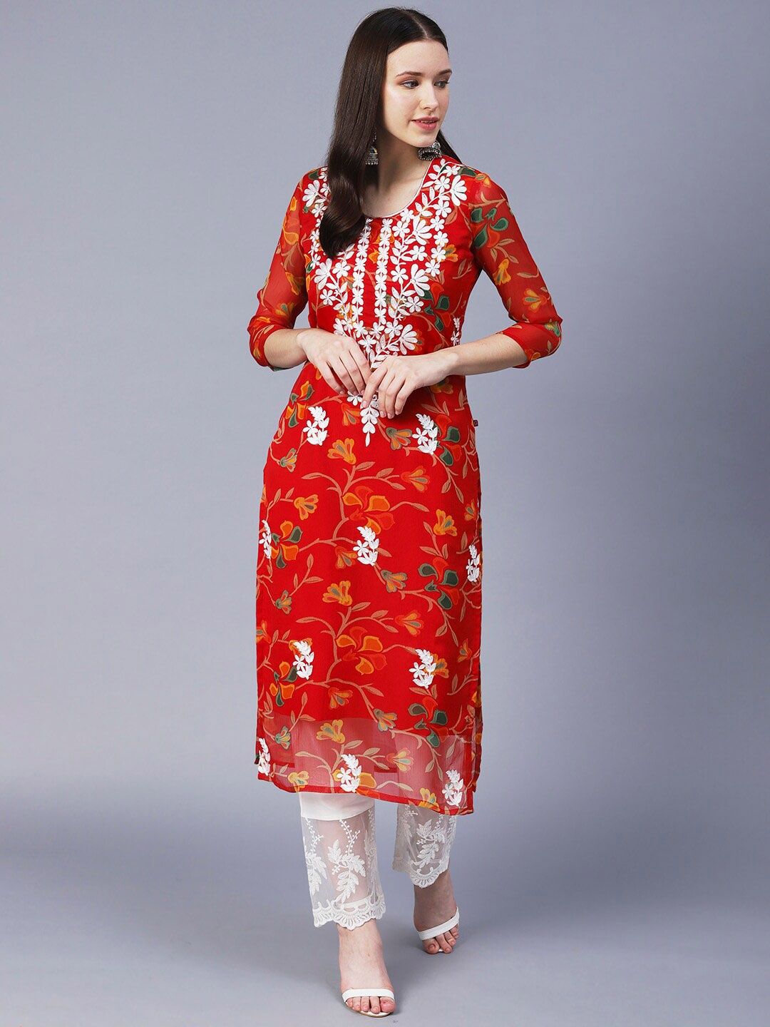 

KALINI Women Floral Printed Thread Work Georgette Kurta, Red