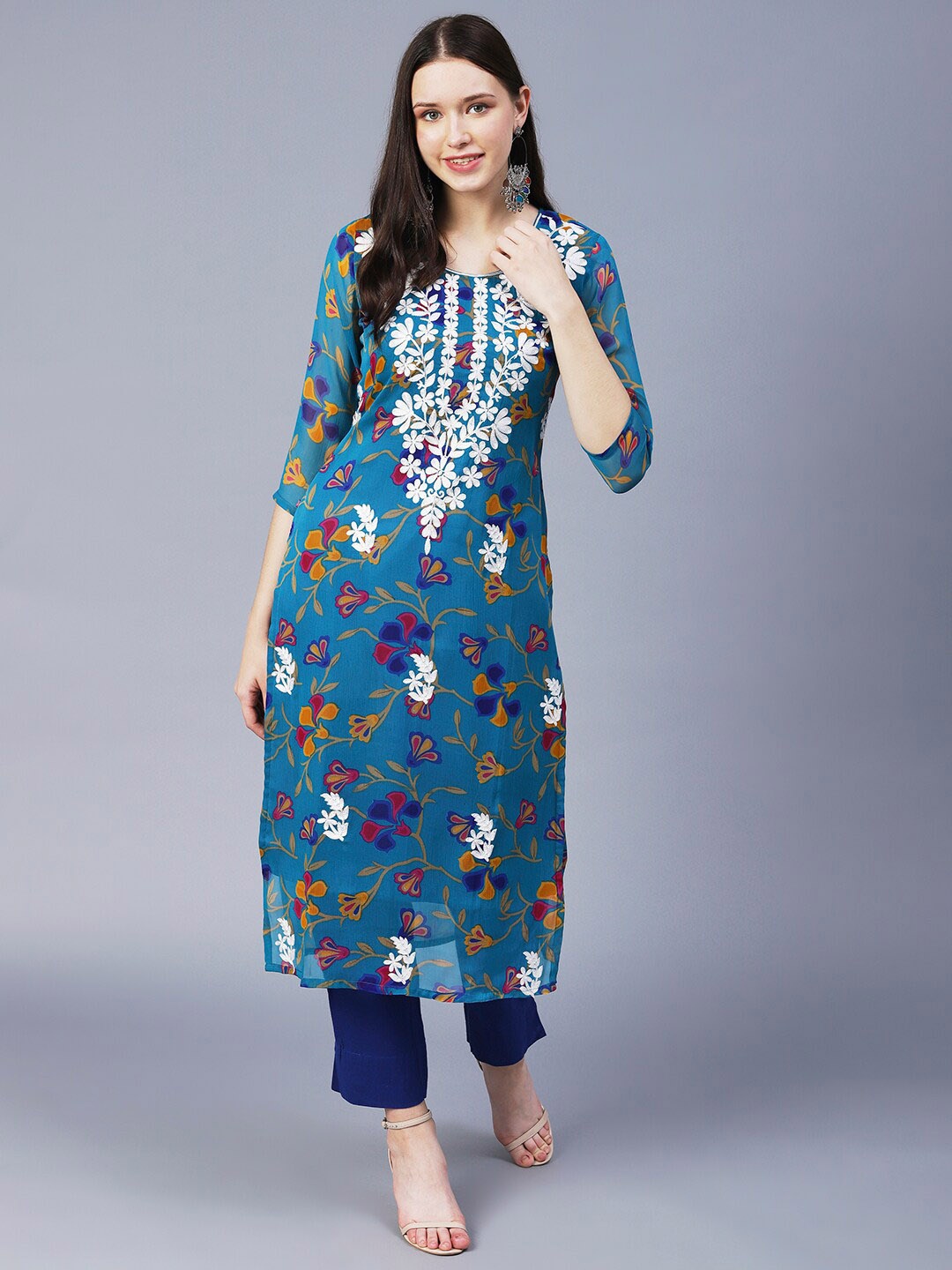 

KALINI Women Blue Floral Print Georgette Chikankari Embroidery Kurta