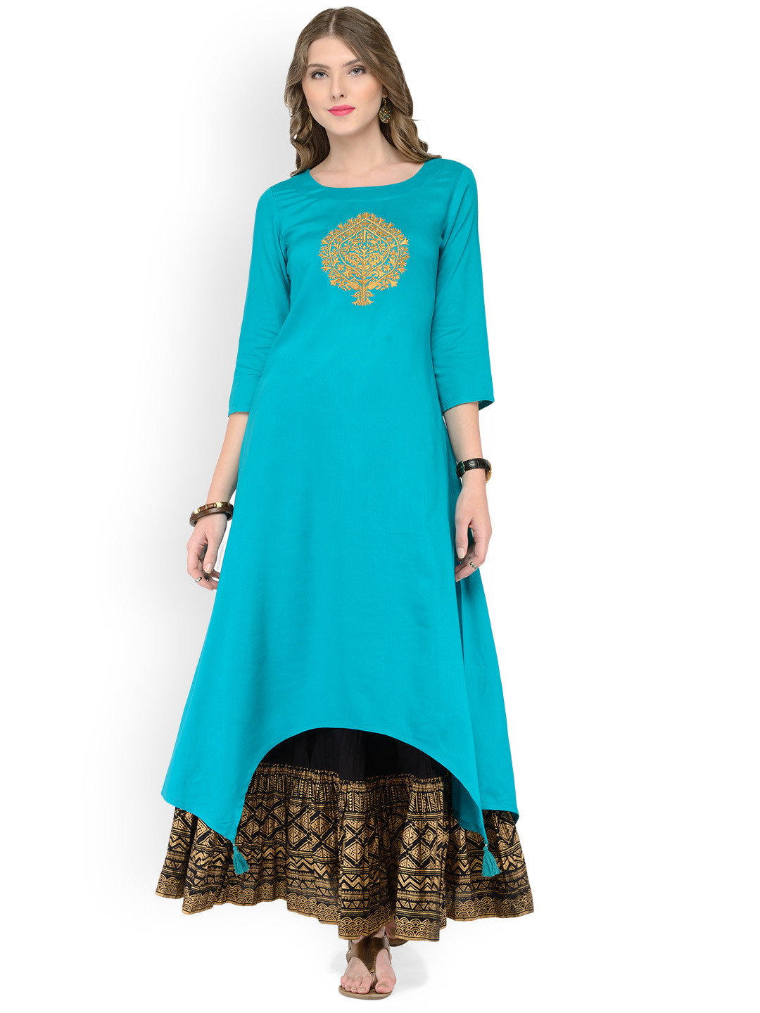 

Varanga Women Blue & Black Solid Embroidered Kurta & Foil Print Skirt