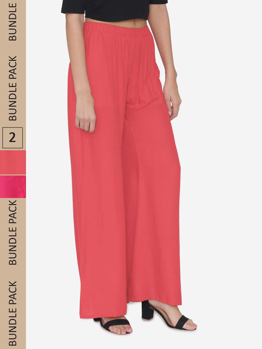 

N-Gal Women Pack Of 2 Wide Leg Knitted Ethnic Palazzos, Coral