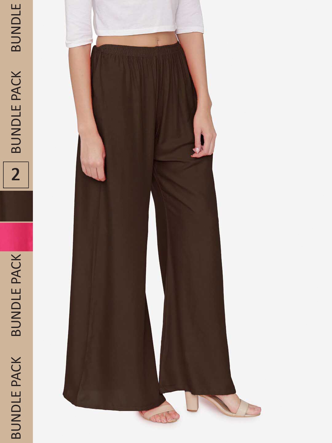 

N-Gal Women Pack Of 2 Wide Leg Knitted Ethnic Palazzos, Brown