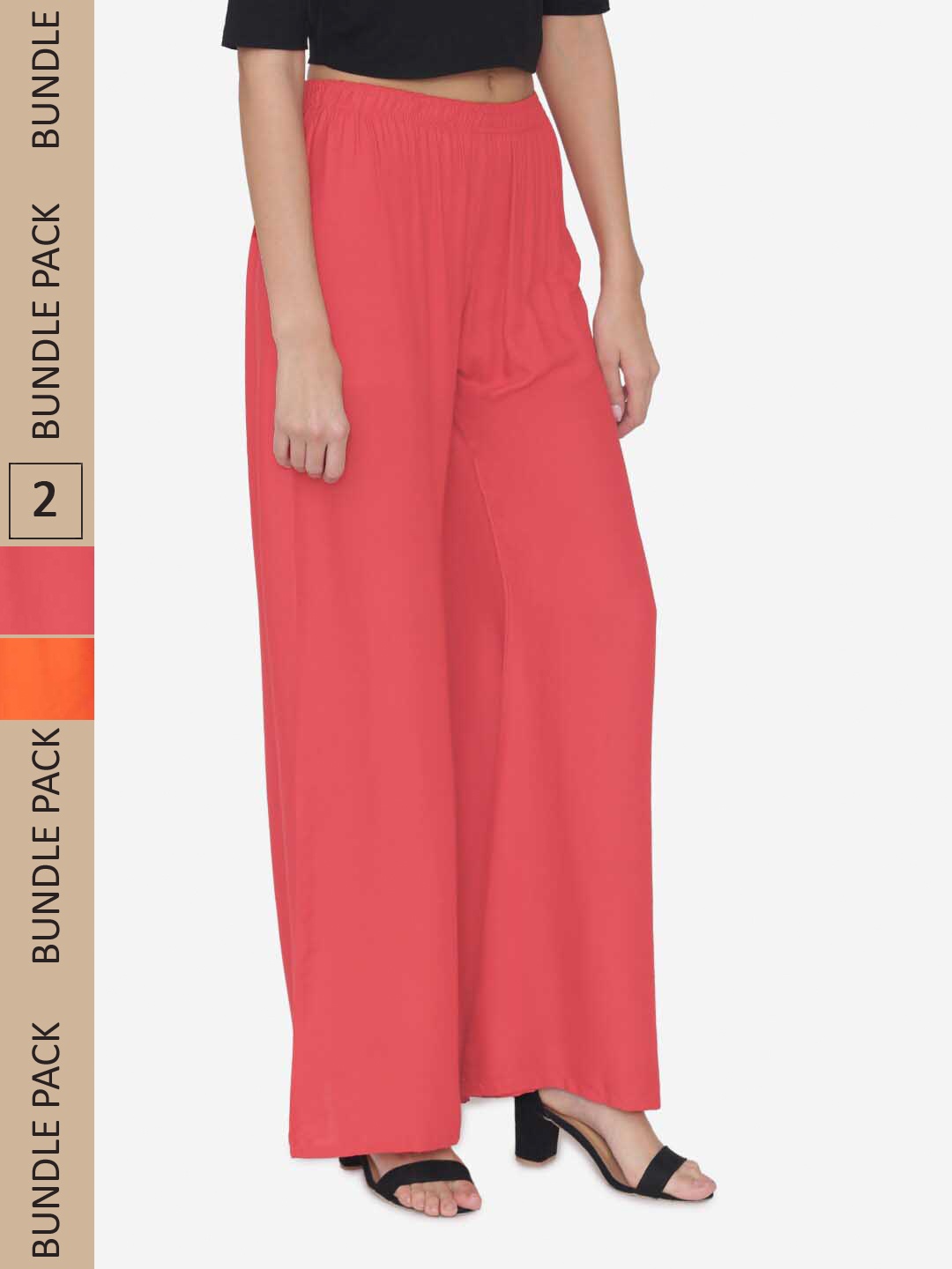 

N-Gal Women Pack Of 2 Wide Leg Knitted Palazzos, Coral
