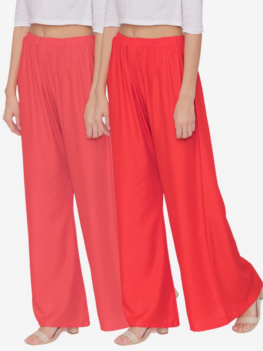 

N-Gal Women Pack Of 2 Wide Leg Knitted Palazzos, Coral