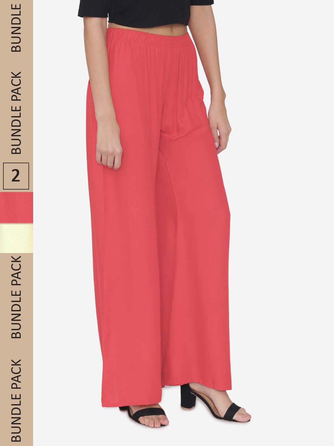 

N-Gal Women Pack Of 2 Wide Leg Knitted Palazzos, Coral