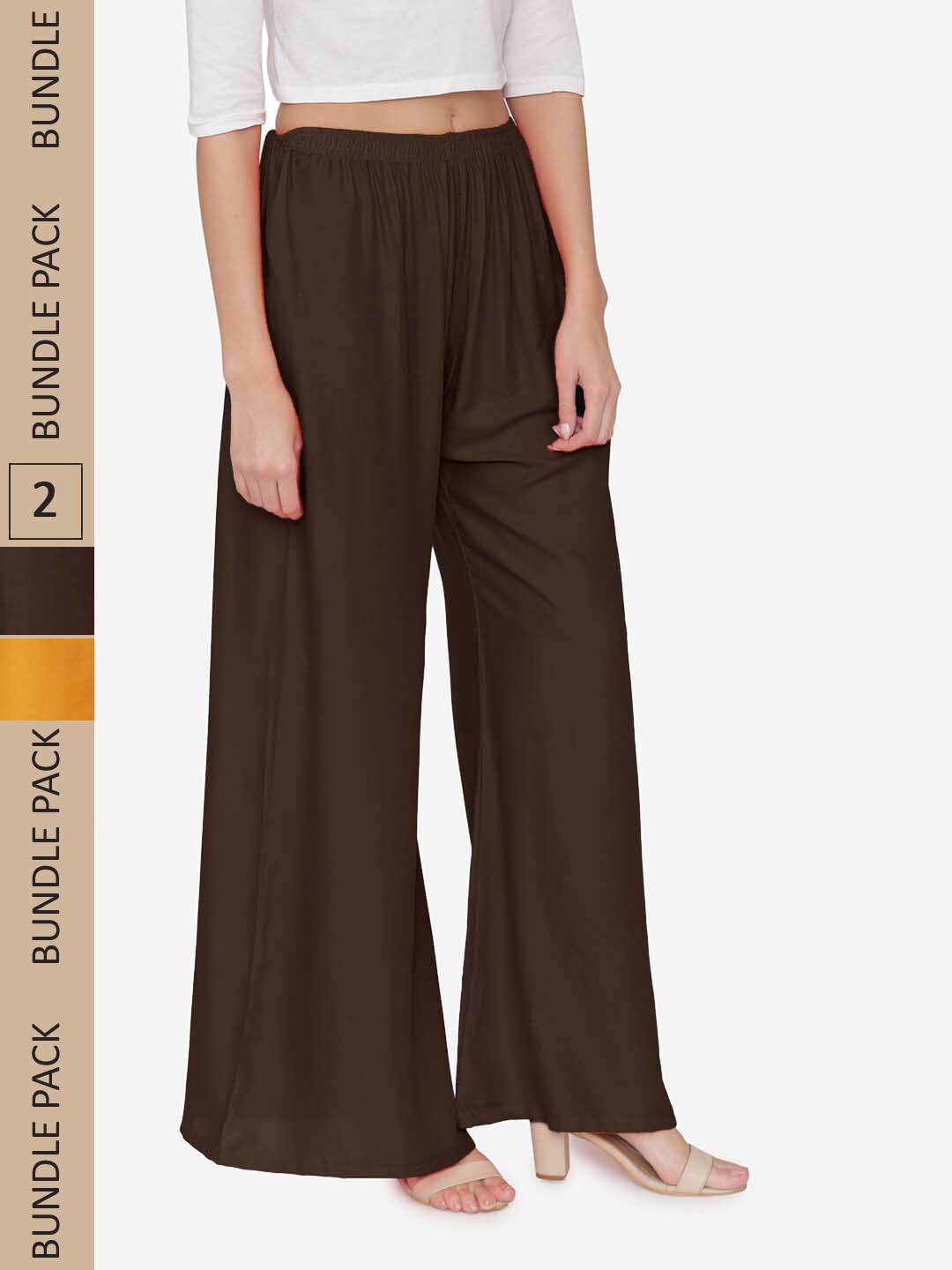 

N-Gal Women Pack Of 2 Wide Leg Knitted Palazzos, Brown