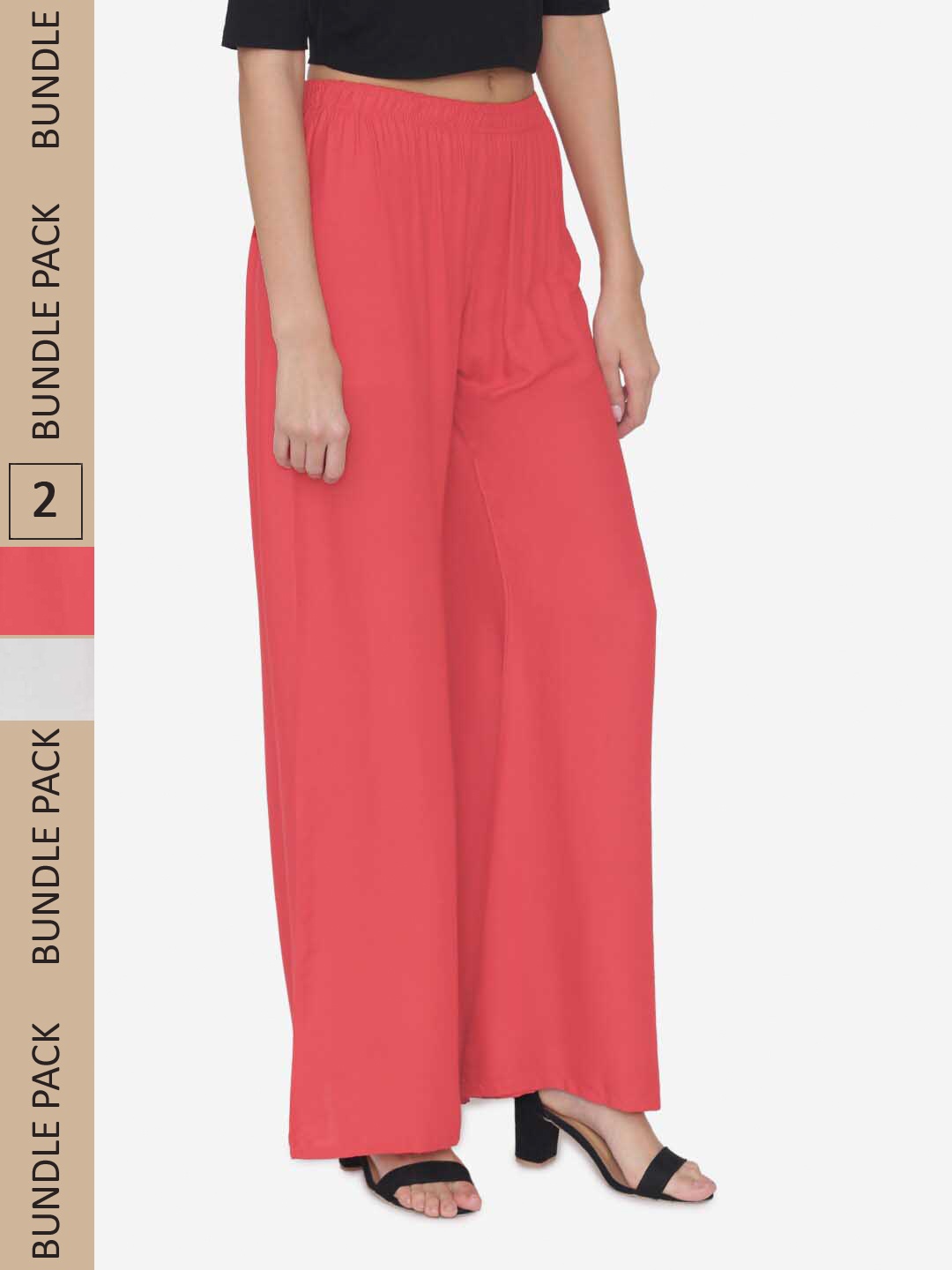 

N-Gal Women Pack Of 2 Wide Leg Knitted Ethnic Palazzos, Coral