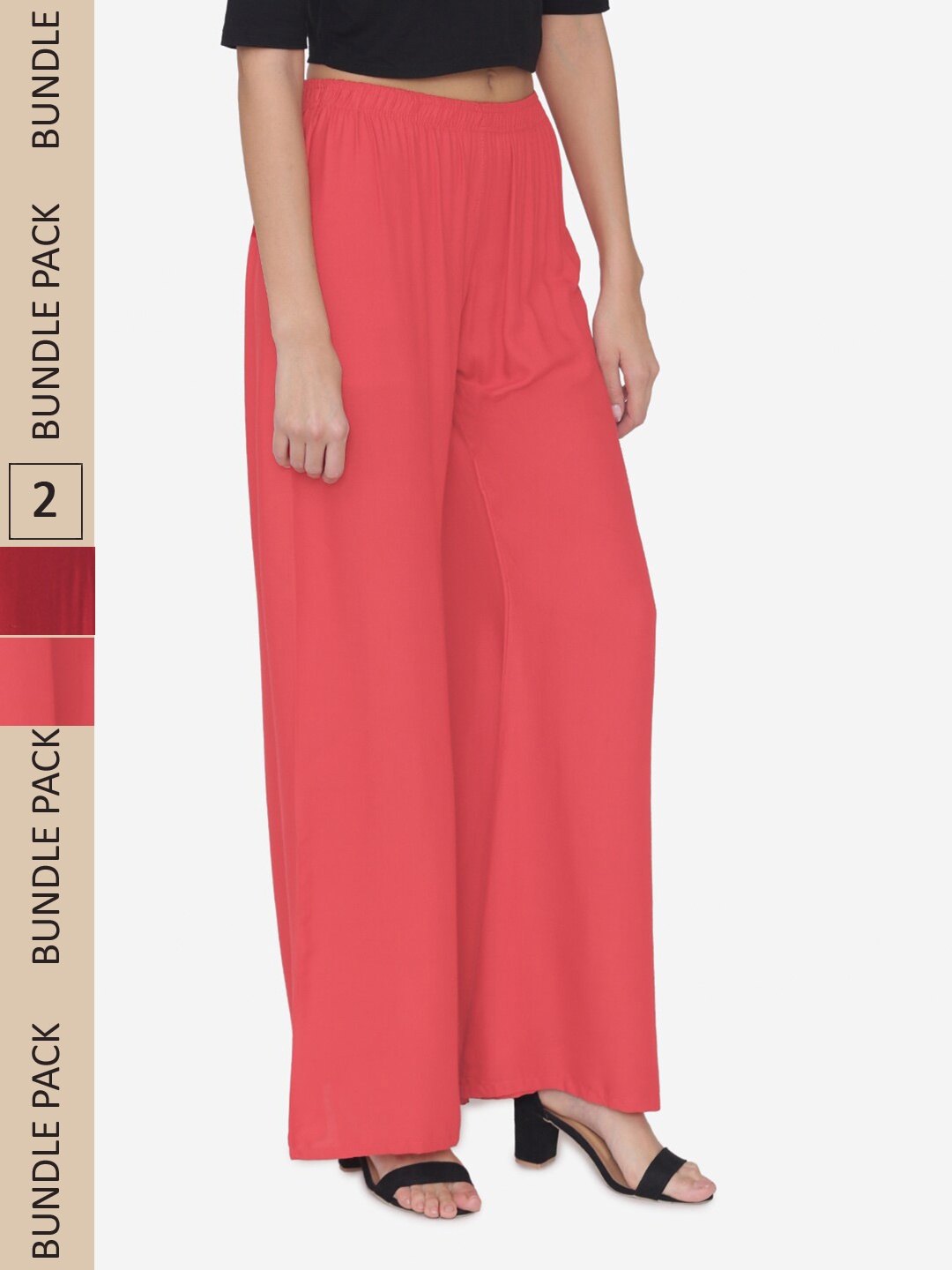 

N-Gal Women Pack Of 2 Wide Leg Knitted Ethnic Palazzos, Coral
